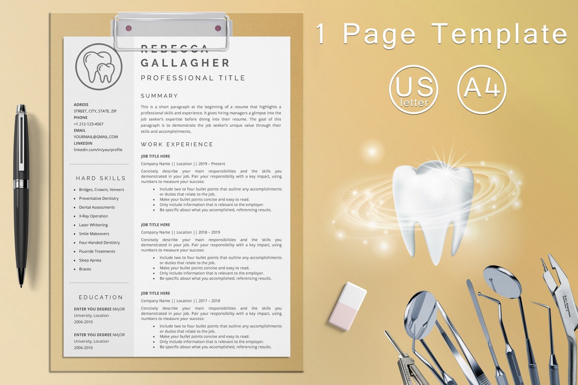 Dental Assistant Resume Template for Word, Dentist, Dental Hygienist