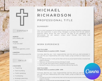Pastor resume template for Canva, religion cv, church cv, chaplain resume, scribe resume, worship leader cv, sunday school teacher resume
