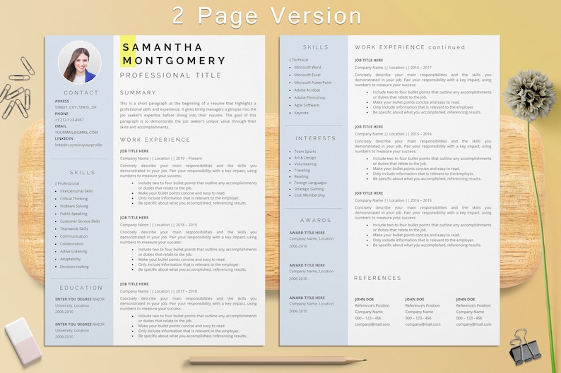 May include: A two-page resume template with a light blue background and yellow accents. The resume includes sections for contact information, summary, skills, work experience, interests, awards, and references. The template is designed to help job seekers create a professional and visually appealing resume.