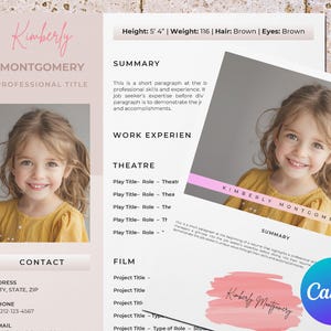 Plantilla de currículum de actor infantil para Canva: perfecta para mostrar la experiencia actoral de los niños: fácil de editar y adaptada a las jóvenes estrellas en ciernes