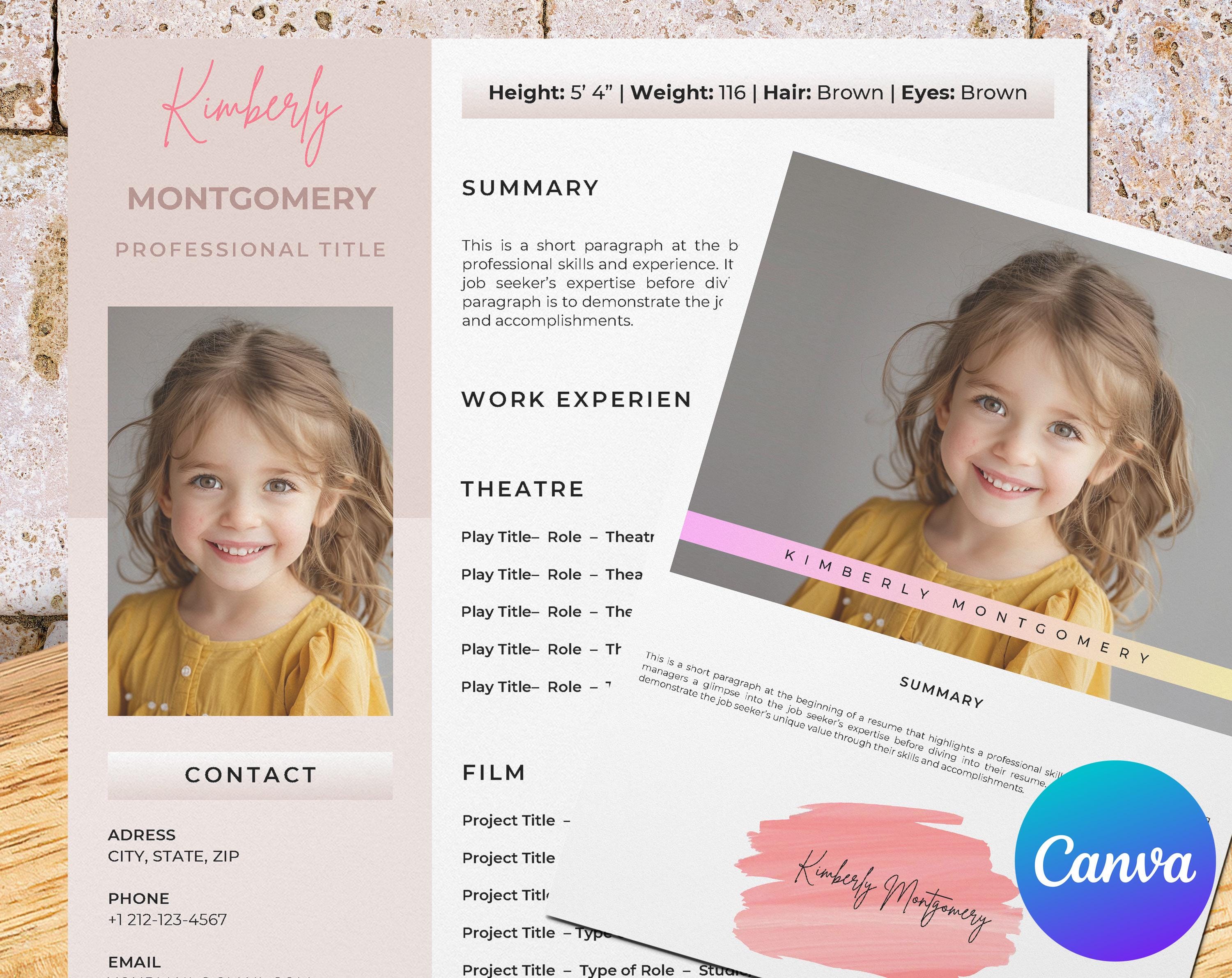 Child actor resume template for Canva: perfect for showcasing kids acting experience – easy-to-edit & tailored for young stars in the making