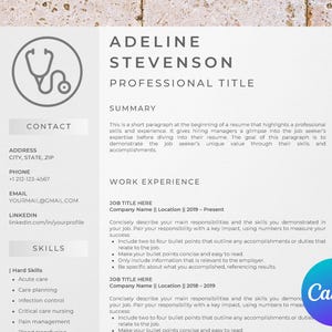 May include: A resume template designed for healthcare professionals. The template includes a stethoscope icon, contact details, a summary section, and work experience sections. This template is designed to help job seekers showcase their skills and experience in the healthcare sector.