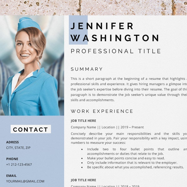 Flight attendant resume template for Word, stewardess resume, aviation resume, airport resume, cabin attendant resume, aircraft cv