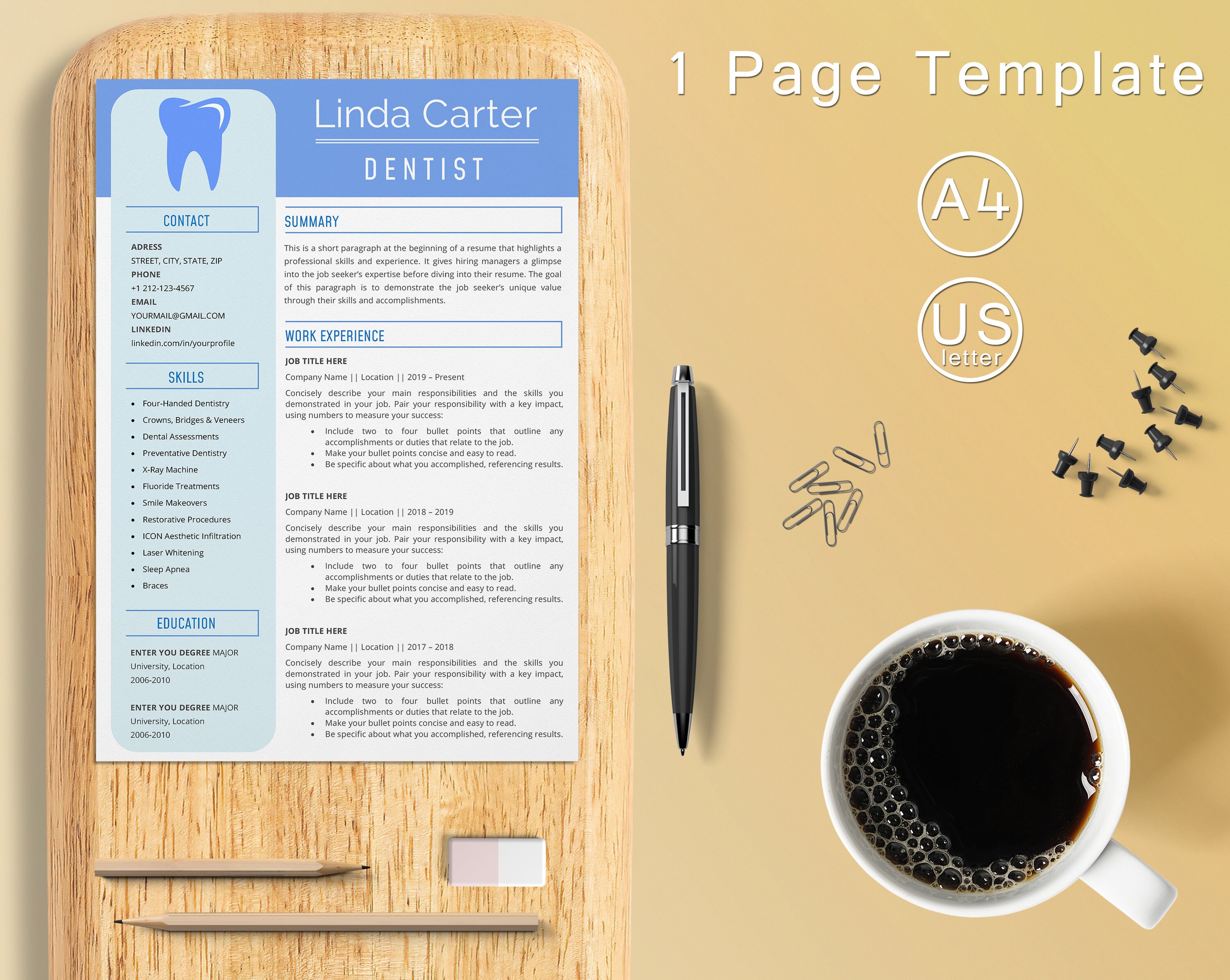Dental Assistant Resume Template for Word Dentist Dental | Etsy