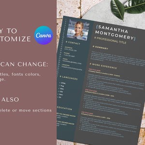 May include: A dark gray resume template with a photo of a woman in the top right corner. The template includes sections for contact information, summary, work experience, languages, and education. The text "Samantha Montgomery" is at the top of the page.