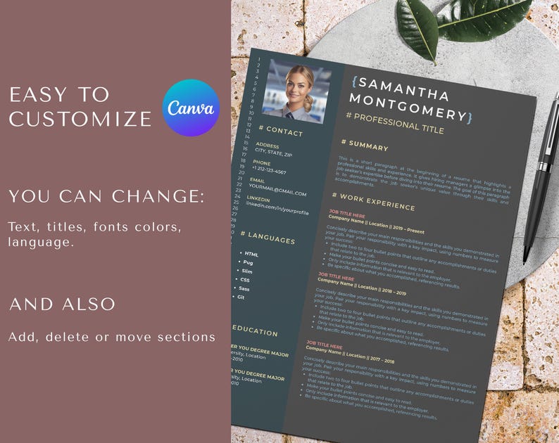 May include: A dark gray resume template with a photo of a woman in the top right corner. The template includes sections for contact information, summary, work experience, languages, and education. The text "Samantha Montgomery" is at the top of the page.