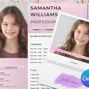 Plantilla de currículum de actor infantil con foto para Canva, cv de actor y actriz modelo infantil, foto de rostro, carta de presentación y plantilla de página de referencia