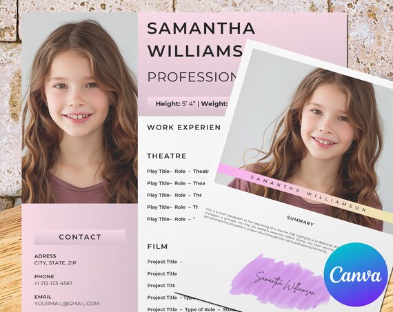 Child actor resume template with photo for Canva, child model actor and actress cv, headshot, cover letter and reference page template