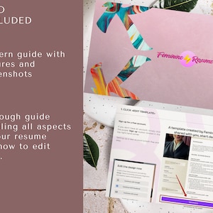 May include: A pink and white background with a pink card featuring a colorful abstract design. The card has the text "Feminine Resume" in pink and white. The text "ALSO INCLUDED" is in white on a pink background. The text "Modern guide with pictures and screenshots" is in white on a pink background. The text "Thorough guide detailing all aspects of your resume and how to edit them." is in white on a pink background. The text "1. CLICK EDIT TEMPLATE" is in black on a white background. The text "Sign up for a free account" is in black on a white background. The text "Edit the design now" is in black on a white background. The text "A template created by Feminine Resume was shared with you, start designing now" is in black on a white background. The text "Feminine Resume" is in pink and white on a white background.