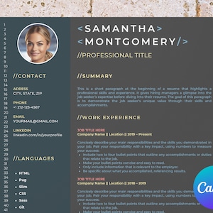 Może przedstawiać: Szablon CV w ciemnoszarym kolorze z fotografią kobiety w lewym górnym rogu. CV zawiera sekcje z danymi kontaktowymi, podsumowaniem, doświadczeniem zawodowym i językami. Tekst "//" służy do oznaczania nagłówków sekcji. Tekst "Canva" jest widoczny w prawym dolnym rogu.