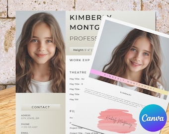 Modèle de CV enfant acteur avec photo pour Canva, CV enfant acteur et actrice modèle photo portrait, modèle lettre de motivation