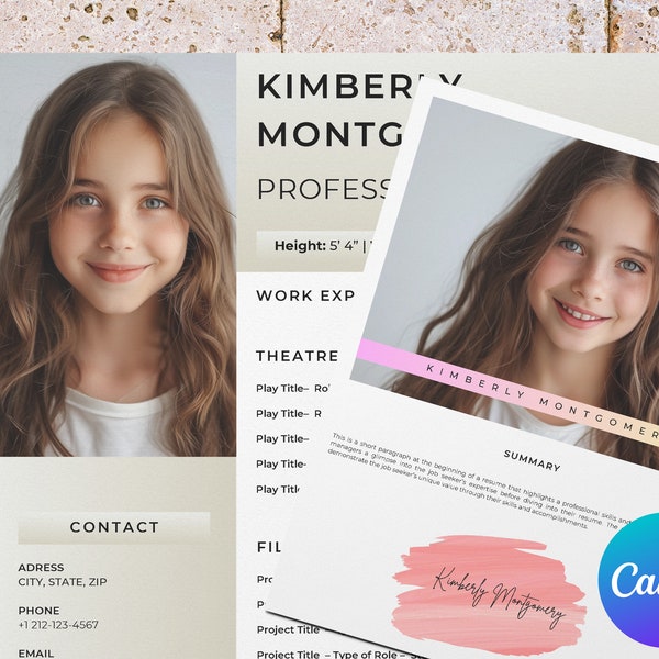 Modèle de CV enfant acteur avec photo pour Canva, CV enfant acteur et actrice modèle photo portrait, modèle lettre de motivation