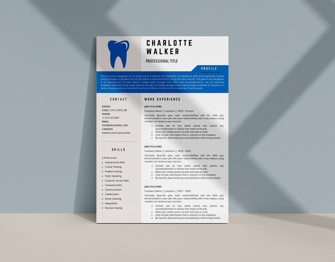 Registered Dental Assistant Resume Template for Word Dentist | Etsy