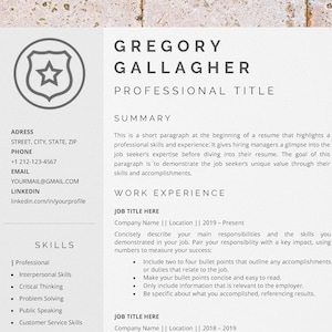 May include: A resume template with a star icon in the top left corner. The resume includes sections for contact information, skills, summary, and work experience. The text in the image reads "Gregory Gallagher, Professional Title, Adress, Street, City, State, Zip, Phone, +1 212-123-4567, Email, YOURMAIL@GMAIL.COM, Linkedin, linkedin.com/in/yourprofile, Skills, | Professional, Interpersonal Skills, Critical Thinking, Problem Solving, Public Speaking, Customer Service Skills, Summary, This is a short paragraph at the beginning of a resume that highlights a professional skills and experience. It gives hiring managers a glimpse into the job seeker's expertise before diving into their resume. The goal of this paragraph is to demonstrate the job seeker's unique value through their skills and accomplishments., Work Experience, Job Title Here, Company Name || Location || 2019 - Present, Concisely describe your main responsibilities and the skills you demonstrated in your job. Pair your responsibility with a key impact, using numbers to measure your success: Include two to four bullet points that outline any accomplishments or duties that relate to the job. Make your bullet points concise and easy to read. Only include information that is relevant to the employer. Be specific about what you accomplished, referencing results., Job Title Here, Company Name || Location || 2018-2019"