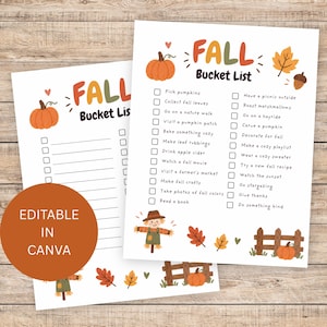 Puede incluir: Dos hojas de papel blancas con una lista de actividades de otoño con casillas de verificación, ilustraciones de calabazas naranjas, un espantapájaros, hojas de otoño y una valla de madera con texto en inglés.