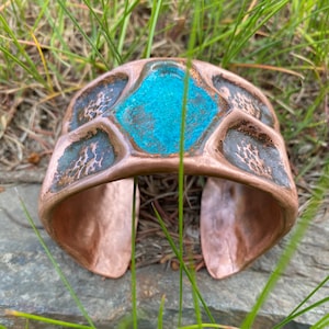 Patterned Wide Band Cooper Cuff with Turquoise Patina