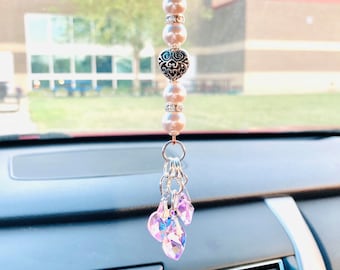 Pink Triple Heart Charm Car Rear Mirror Charm Car Mirror Hanging Car Rear View Mirror Accessory Car Charm Car Mirror Dangle