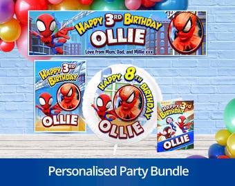 Personalized Spidey and Friends Birthday Party Set: Banner, Poster & Balloon