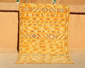 Vibrant Yellow Cactus Silk Rug 4x8, Handwoven Berber Agave Kilim, Eco-Friendly Boho Moroccan Sabra Rug