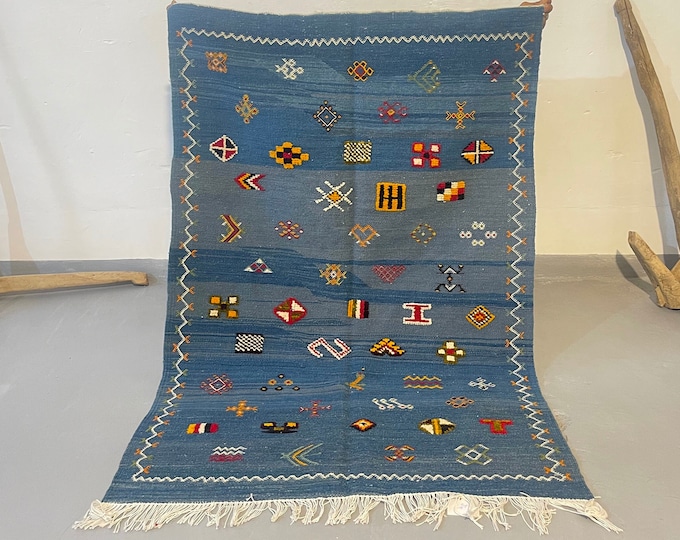 Blue Moroccan rug - Custom Moroccan rug - Blue Kilim rug - Contemporary Berber rug - Flat weave Blue rug - Moroccan rug blue - Akhnif rug
