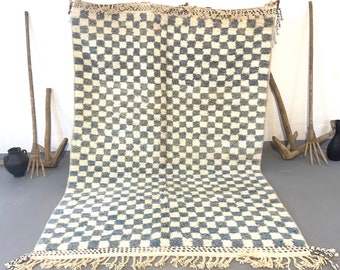 Custom Blue Checkered Rug, Berber Beni Ourain Inspired, Personalized Boho Moroccan Design