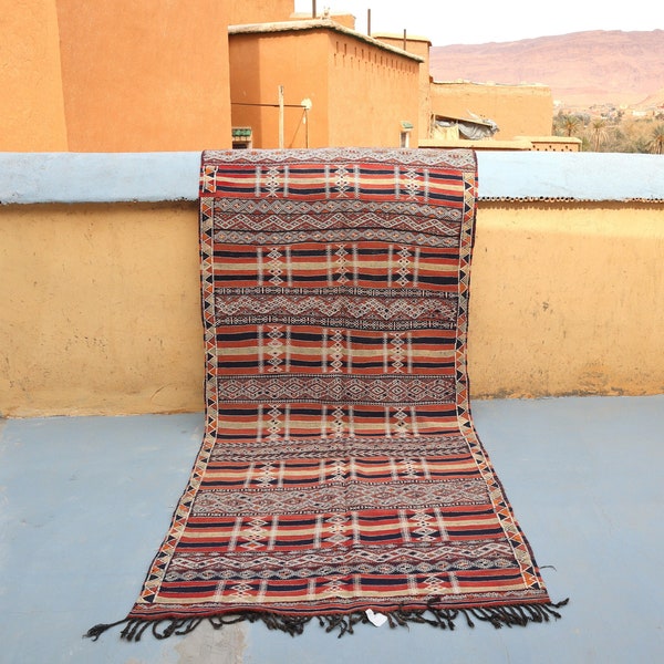 Vintage Peach Embroidered Kilim Rug 5x12, Large Handmade Berber Morrocan Rug