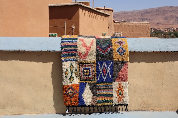 Hand Knotted Berber Rug - 4x5 rug - Boujaad Azilal Moroccan Wool Boho Area Rug - Boujaad rug - Azilal rug