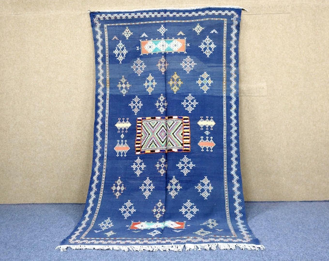 Vibrant Blue Akhnif Rug 4x8 - Moroccan Rug For Living Room - Flat Weave Tribal Boho Rug - Natural Wool Area Rug - Handwoven Berber Rug