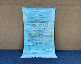 Authentic Berber Light Blue Cactus Silk Rug 5x8 – Lightweight Moroccan Flatweave Rug | Free Shipping