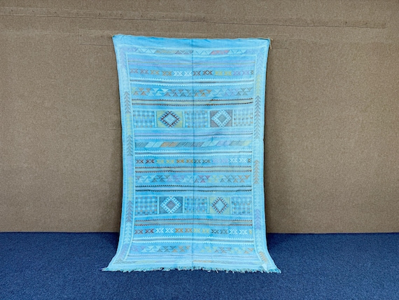 Authentic Berber Light Blue Cactus Silk Rug 5x8 – Lightweight Moroccan Flatweave Rug | Free Shipping