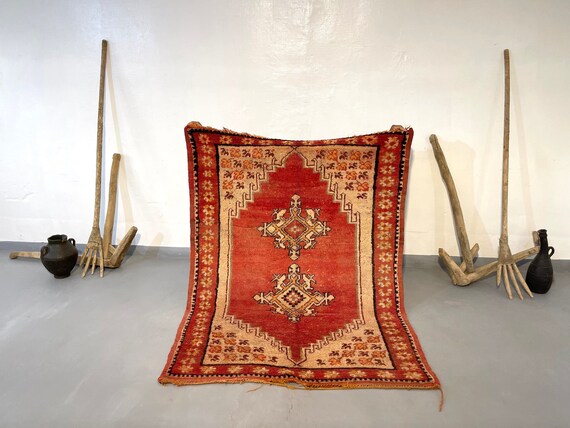 AUTHENTIC VINTAGE MOROCCAN rug - red berber rug, 4x5 rug, handcrafted rug, gift for house