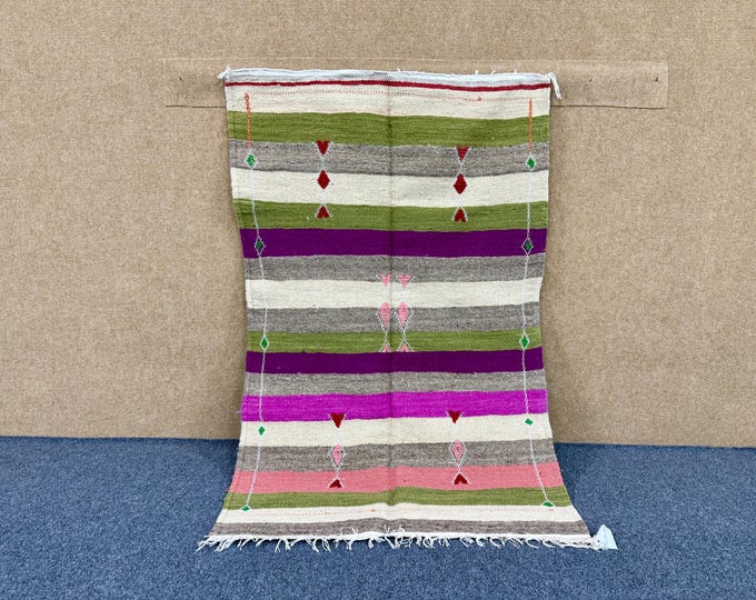 Stripped Kilim Moroccan Rug 3x5 - Berber Colorful Rug - Handmade Flat Weave Rug - Vintage-Style Striped Kilim Rug - Free Shipping
