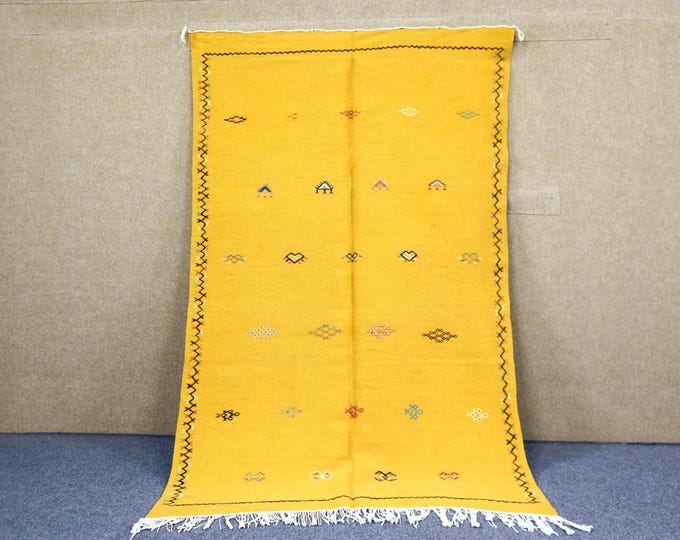 Authentic Yellow Moroccan Rug Akhnif 5x8 - Handwoven Berber Rug - Natural Wool Area Rug - Flat Weave Rug For Living Room - Boho Decor