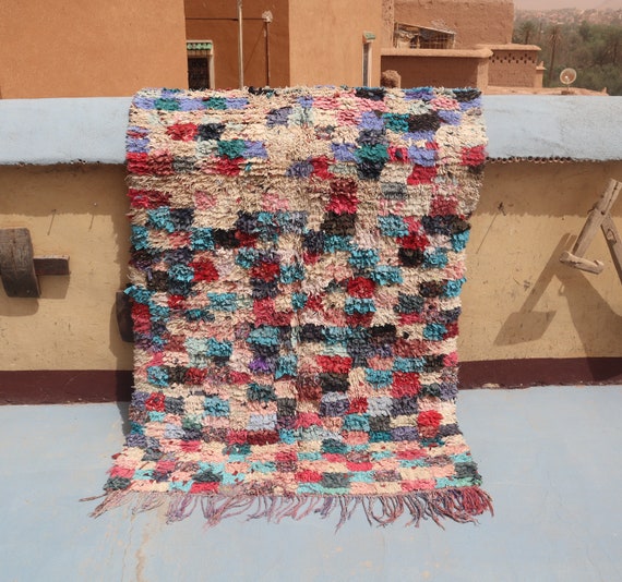 Boucherouite unique berber rug, 4x6 vintage rug, morrocan rug checkered, azilal berber rug,stunning milticolor area rug, beni mguild rug