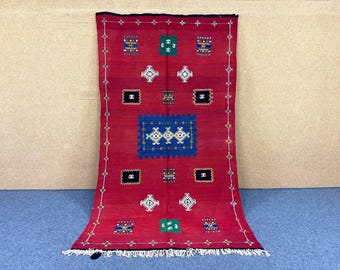 Unique Moroccan Wool Rug 5x9 ft  – Handmade Akhnif Flatweave – Tribal Minimalist Boho Decor - Traditional Carpet – Free Shipping Worldwide