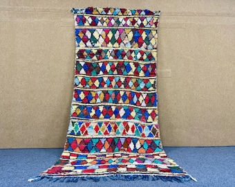 Vintage Boucherouit Rug 4x10 – Handmade Colorful Berber  Rug  –Vintage Tribal Wool Carpet – Timeless Berber Design Carpet – Free Shipping