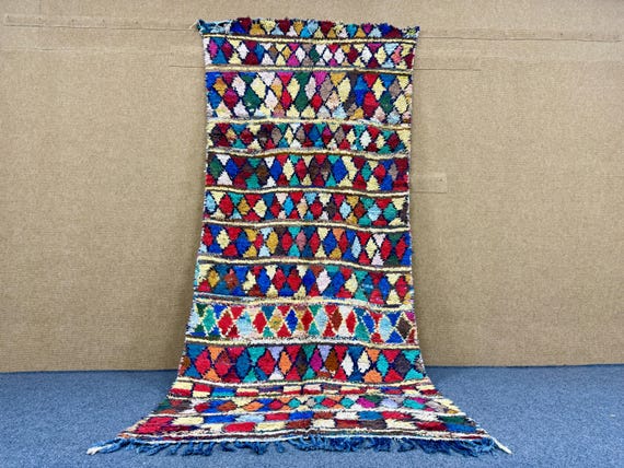 Vintage Boucherouit Rug 4x10 – Handmade Colorful Berber  Rug  –Vintage Tribal Wool Carpet – Timeless Berber Design Carpet – Free Shipping
