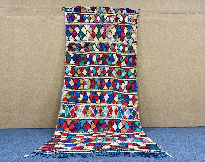 Vintage Boucherouit Rug 4x10 – Handmade Colorful Berber  Rug  –Vintage Tribal Wool Carpet – Timeless Berber Design Carpet – Free Shipping