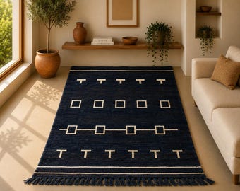 Black Beni Mrirt Wool Rug 5x8 ft | Authentic Moroccan Rug | Thick Pile Hand-Knotted Carpet | Neutral Modern Boho Area Rug | Boho Decor