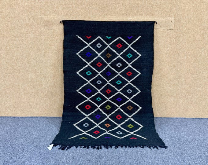 Black Flat Weave Rug 3x5 - Moroccan Berber Rug - Handmade Area  Rug - Unique Irregular  Designs Rug - Free Shipping
