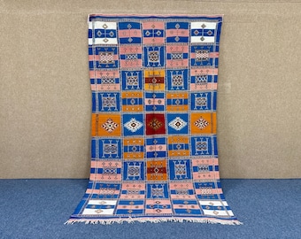 Blue Akhnif Moroccan Rug 5x8 - Colorful Berber Rug - Flat weave Wool Aria Rug - Handmade Living Room Carpet