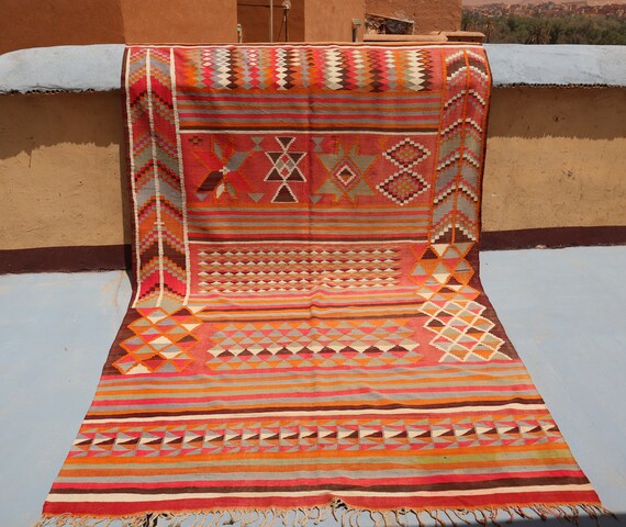 Antique Hanbel Rug with Rich History - Colorful Flat Weave 6x12 Rug
