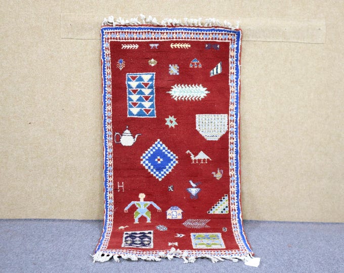 Authentic Moroccan Rug 2x5 - Natural Wool Area Rug - Berber Rug For Living Room - Handwoven Red Rug - Small High Quality Rug