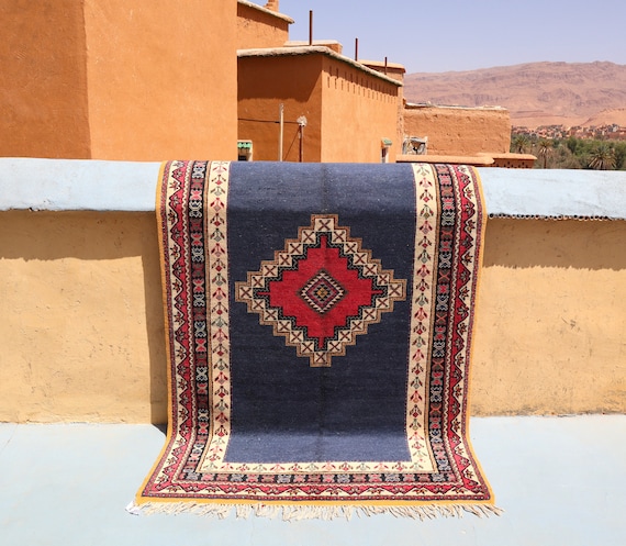 Miniamalist Morrocan rug 5 x 8.7 feet - Vintage rug - Blue Morrocan rug - Hand Knotted rug - Wool rug - Taznakht rug - boho rugs -berber rug