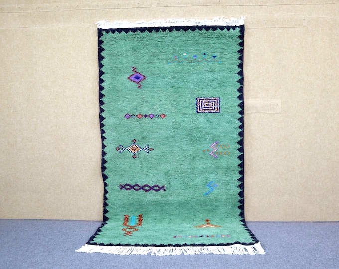 Vibrant Green  Moroccan Rug 4x8 - Beni Ourain Rug - Handwoven Berber Rug - Soft Wool Area Rug For Living Room -Boho Home Decor