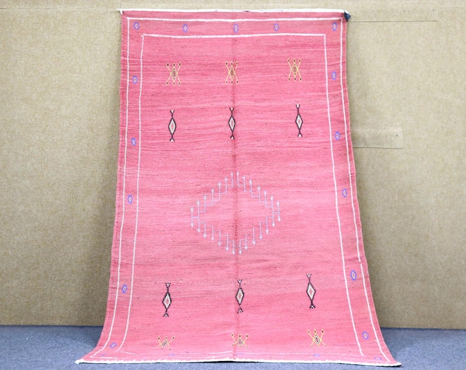 Vibrant Pink Akhnif Rug 4x8 - Moroccan Handwoven Rug - Flat Weave Rug For Living Room - Natural Wool Rug - Colorful Berber Rug