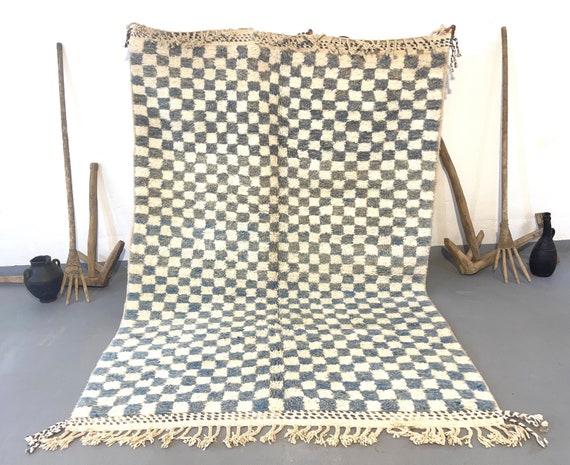 Custom Blue Checkered Rug, Berber Beni Ourain Inspired, Personalized Boho Moroccan Design