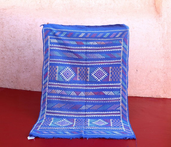 Blue Berber Cactus Silk Rug 3x5 - Handwoven Kilim Rug with Evil Eye Design