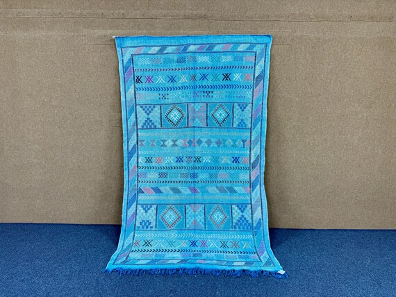 Lightweight Blue Sky Moroccan Cactus Silk Rug 5x8 – Handmade Berber Flatweave Area Kilim Rug | Free Shipping