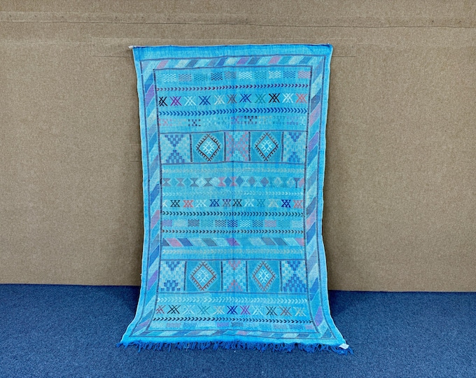Lightweight Blue Sky Moroccan Cactus Silk Rug 5x8 – Handmade Berber Flatweave Area Kilim Rug | Free Shipping